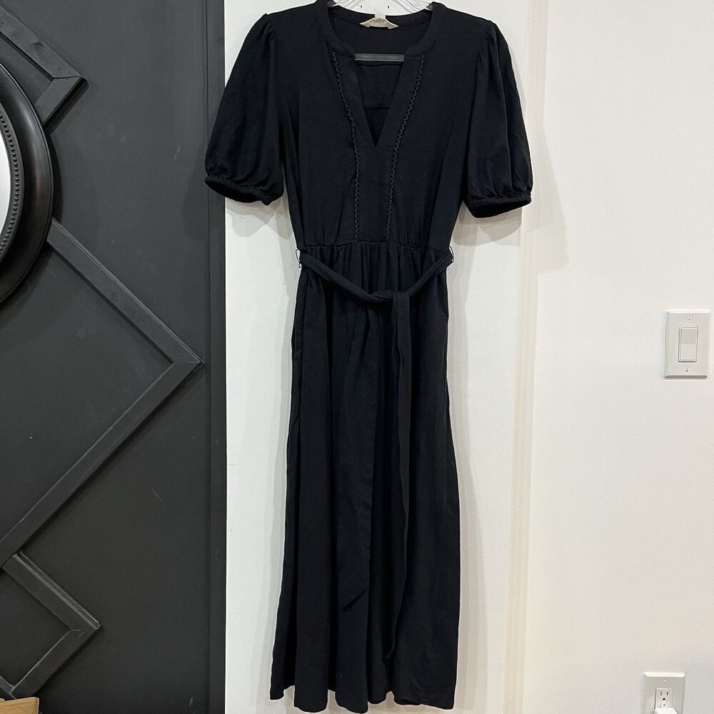 Boden Sofia Trim Black Jersey Belted Midi Dress UK 14R US 10R Cottage Praire